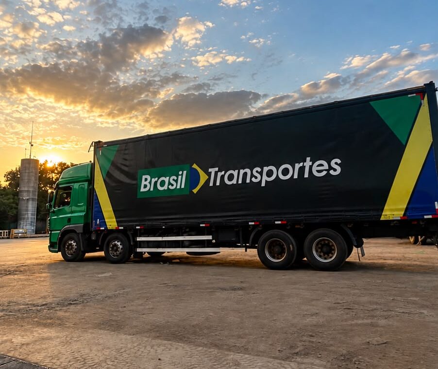 Caminhão da Brasil Transportes no pátio ao pôr do sol